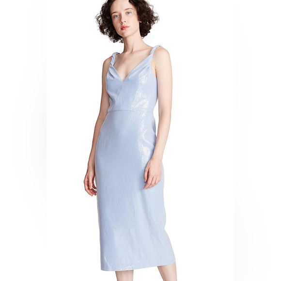 HALSTON Women's Keira Twist Strap Midi Dress in Soft Sequins Sky Blue - Picture 2 of 12